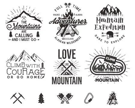 Set of mountain climbing labels, mountains expedition emblems, vintage hiking Illustrazione stock