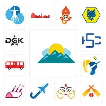 Set of mountain, cricket, durga, pilot flying j, makeup artist, volleyball, b Illustrazione stock gratuita