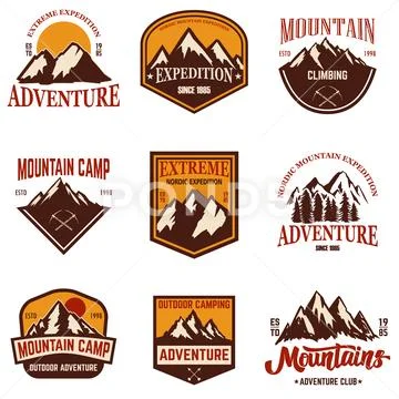 Set of mountain emblems. Hiking, tourism, extreme expedition. Design element Stock Illustration