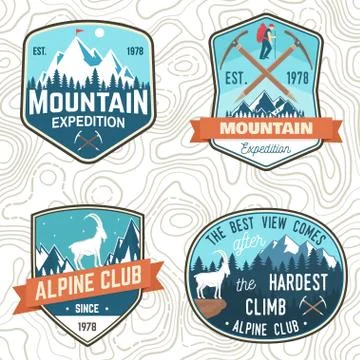 Set of mountain expedition patch. Vector. Concept for alpine club shirt or badge Stock Illustration