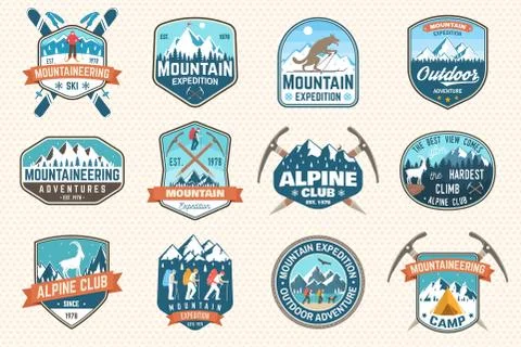Set of mountain expedition patch. Vector. Concept for alpine club shirt or badge Stock Illustration