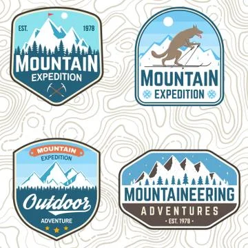 Set of mountain expedition patches. Vector. Concept for alpine club shirt or 스톡 일러스트