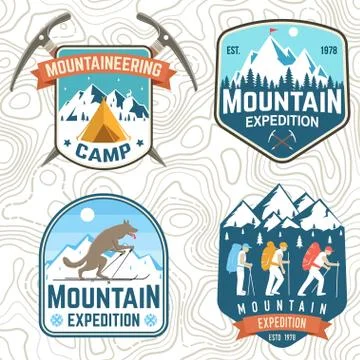 Set of mountain expedition patches. Vector. Concept for alpine club shirt or 스톡 일러스트