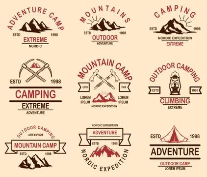 Set of mountain hiking emblems. Design element for logo, label, sign, banner, Ilustração Stock