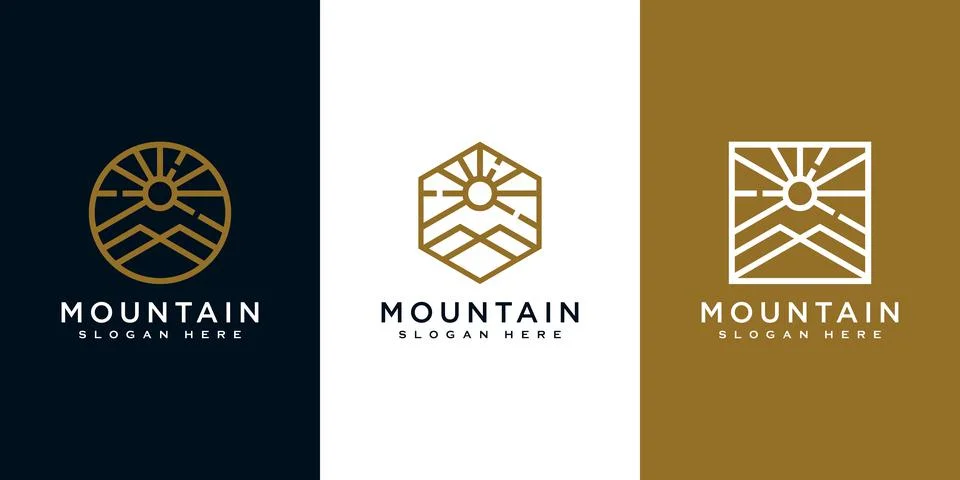 Set of mountain with sun light logo design Stock Illustration
