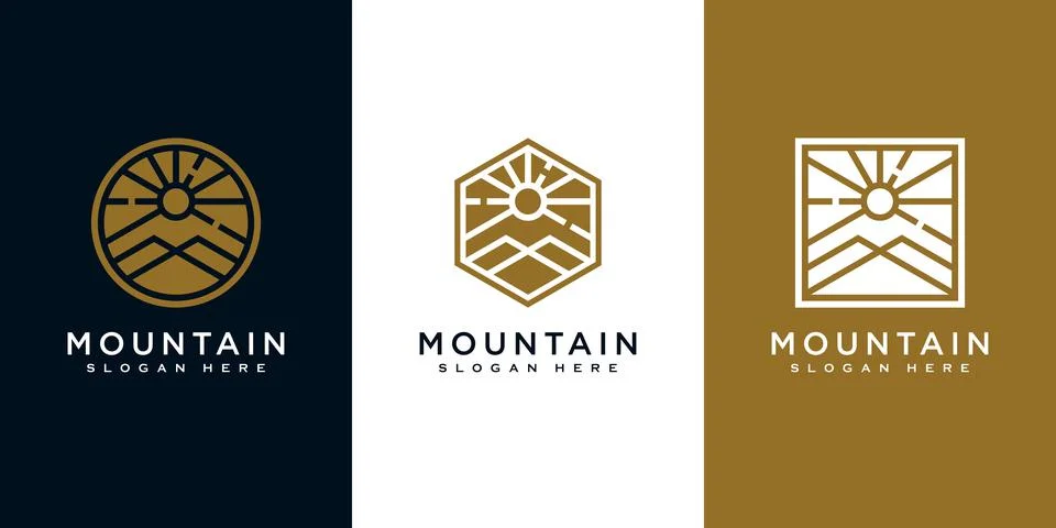 Set of mountain with sun light logo design Stock Illustration