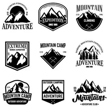 Set of mountain tourism emblems. Design element for logo, label, sign, poster Stock Illustration