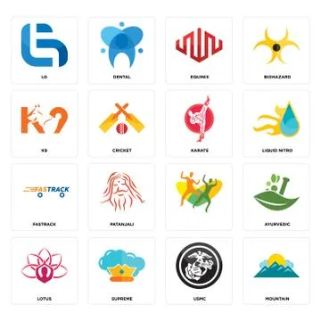Set of mountain, usmc, lotus, , fastrack, karate, k9, equinix, lg icons Free Stock Illustration