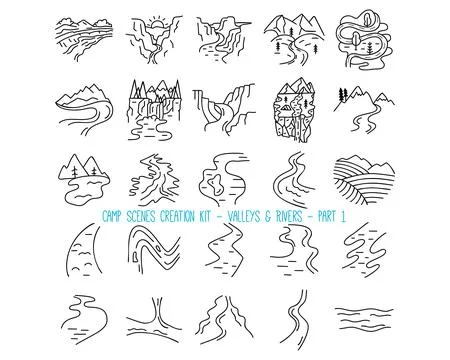 Set of mountain valleys and rivers icons Stock Illustration