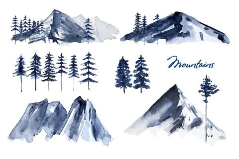 Set with mountains and trees isolated on white background. Watercolor hand pa Illustrazione stock