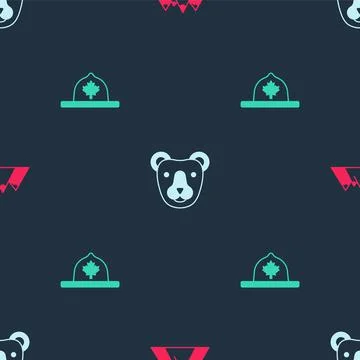 Set Mountains, Bear head and Canadian ranger hat on seamless pattern. Vector Stock Illustration