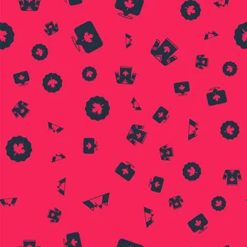 Set Mountains, Canadian maple leaf, and Hockey jersey on seamless pattern Stock Illustration