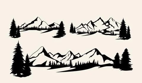 Set of mountains. Collection of stylized mountain landscapes. Black and white Stock Illustration