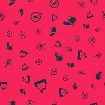 Set Mountains, Compass, Torch flame and Cup of tea on seamless pattern. Vector Stock Illustration