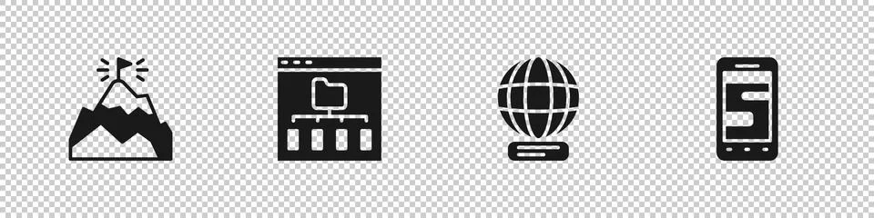 Set Mountains with flag, Browser files, Worldwide and Chat messages on phone Stock Illustration