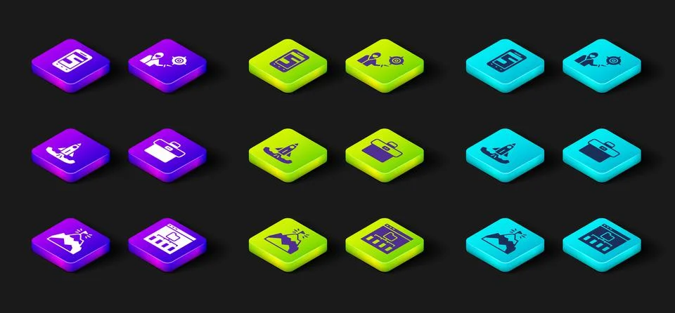 Set Mountains with flag, Browser files, Rocket, Briefcase, Marketing target イラスト素材