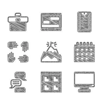 Set Mountains with flag, Browser files, Computer monitor, Calendar, Speech .. Stock Illustration