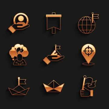Set Mountains with flag, Folded paper boat, Hand holding, Target, Man, Plan.. Stock Illustration