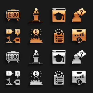 Set Mountains with flag, Head question mark, Key performance indicator, Onl.. Illustrazione stock