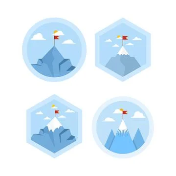 Set of mountains with flag icons representing success, leadership goals. Ilustração Stock