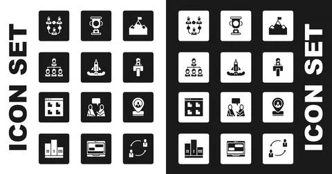 Set Mountains with flag, Rocket, Hierarchy organogram chart, Project team b.. Stock Illustration
