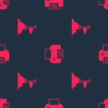 Set Mountains with flag on top and Printer on seamless pattern. Vector Stock Illustration