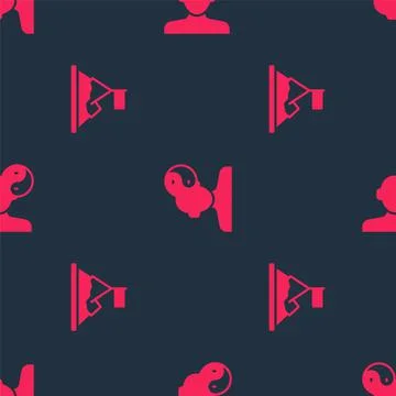 Set Mountains with flag on top and Yin Yang symbol on seamless pattern. Vector Stock Illustration