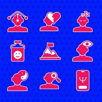 Set Mountains with flag on top, Finding problem psychology, Online psychological Illustrazione stock