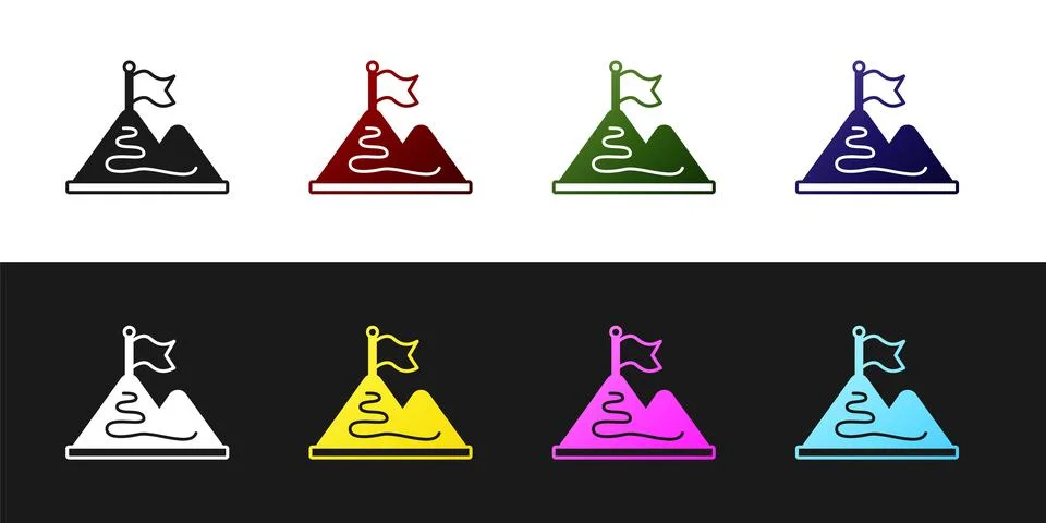 Set Mountains with flag on top icon isolated on black and white background Stock Illustration