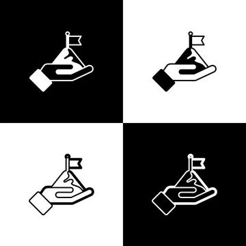 Set Mountains with flag on top icon isolated on black and white background... Stock Illustration