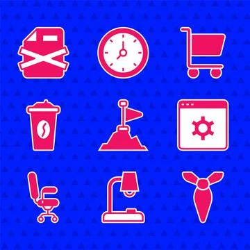 Set Mountains with flag on top, Table lamp, Tie, Browser setting, Office chair Stock Illustration