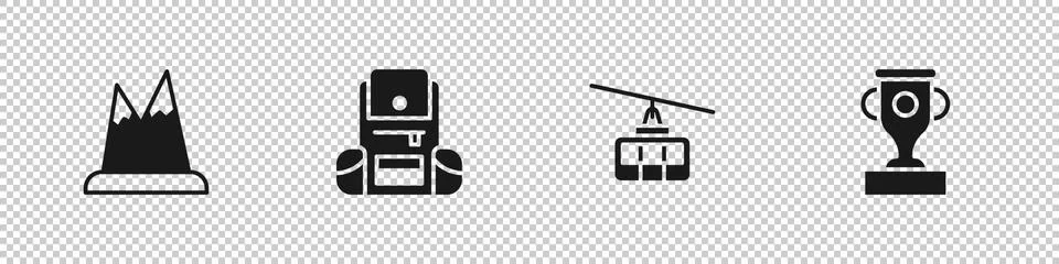 Set Mountains, Hiking backpack, Cable car and Award cup icon. Vector Stock Illustration