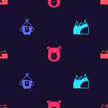 Set Mountains, Maple syrup, Bear head and Kayak or canoe on seamless pattern 스톡 일러스트