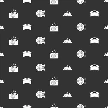 Set Mountains, Sun visor cap, Golf ball water and sport club on seamless pattern Illustrazione stock
