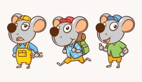 Set of mouse character with different outfit and facial expression vector ill Stock Illustration
