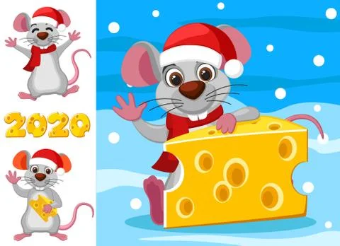 Set mouse with cheese on winter background and isolated. Christmas Stock Illustration