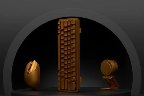 Set of mouse, keyboard and web camera on monochrome podium 스톡 일러스트
