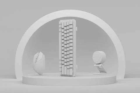 Set of mouse, keyboard and web camera on monochrome podium Illustrazione stock