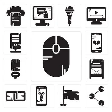 Set of Mouse, Share, Flag, Smartphone, Link, Mailbox, Microphone, Server icon Free Stock Illustration