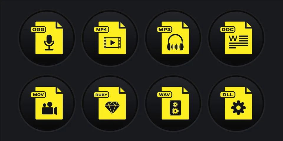 Set MOV file document, DOC, RUBY, WAV, MP3, MP4, DLL and OGG icon. Vector Stock Illustration