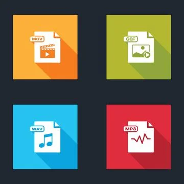 Set MOV file document, GIF, WAV and MP3 icon. Vector イラスト素材