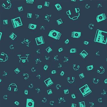 Set MOV file document, Headphones, Drone flying and Histogram graph photography Stock Illustration