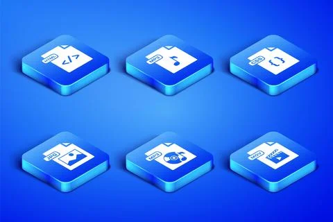 Set MOV file document, HTML, MP3, JPG,  and CSS icon. Vector Stock Illustration