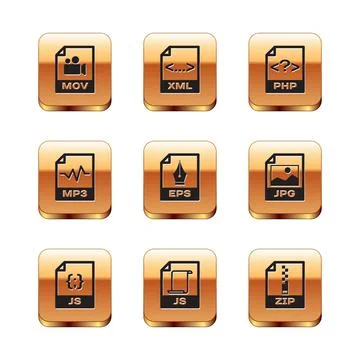 Set MOV file document, JS, , EPS, MP3 and PHP icon. Vector イラスト素材