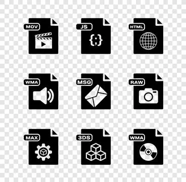 Set MOV file document, JS, HTML, MAX, 3DS, WMA,  and MSG icon. Vector 库存插图