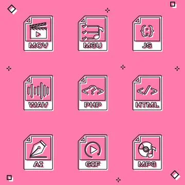 Set MOV file document, M3U, JS, WAV, PHP and HTML icon. Vector 스톡 일러스트