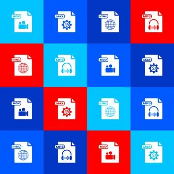 Set MOV file document, MAX, HTML and MP3 icon. Vector Stock Illustration