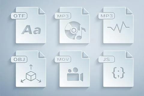 Set MOV file document, MP3, OBJ, JS, and OTF icon. Vector 库存插图