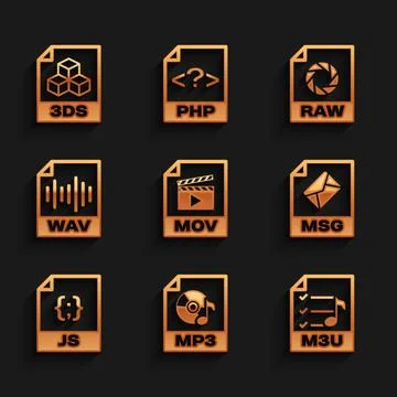 Set MOV file document, MP3, M3U, MSG, JS and WAV icon. Vector 스톡 일러스트