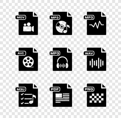 Set MOV file document, MP3, M3U, PDF, PNG, AVI and icon. Vector 스톡 일러스트